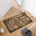 tapis d'entrée imperméable antidérapant noir beige motif circulaire symboles lettres texture velours