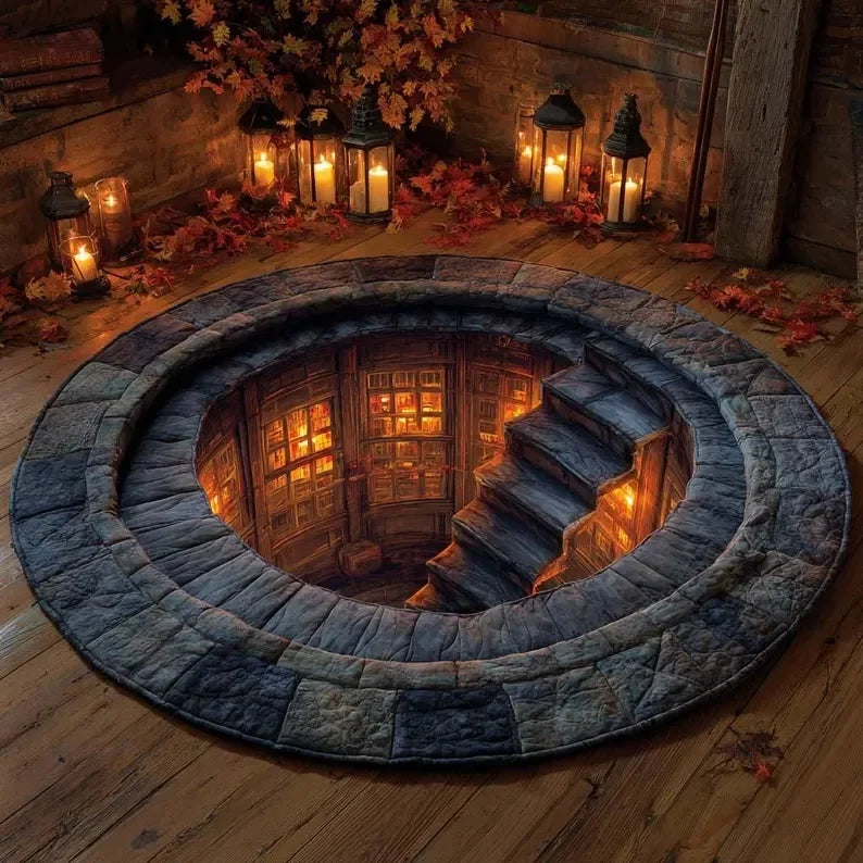 tapis rond moderne 3d escalier bibliothèque polypropylène polyester gris bleu vert