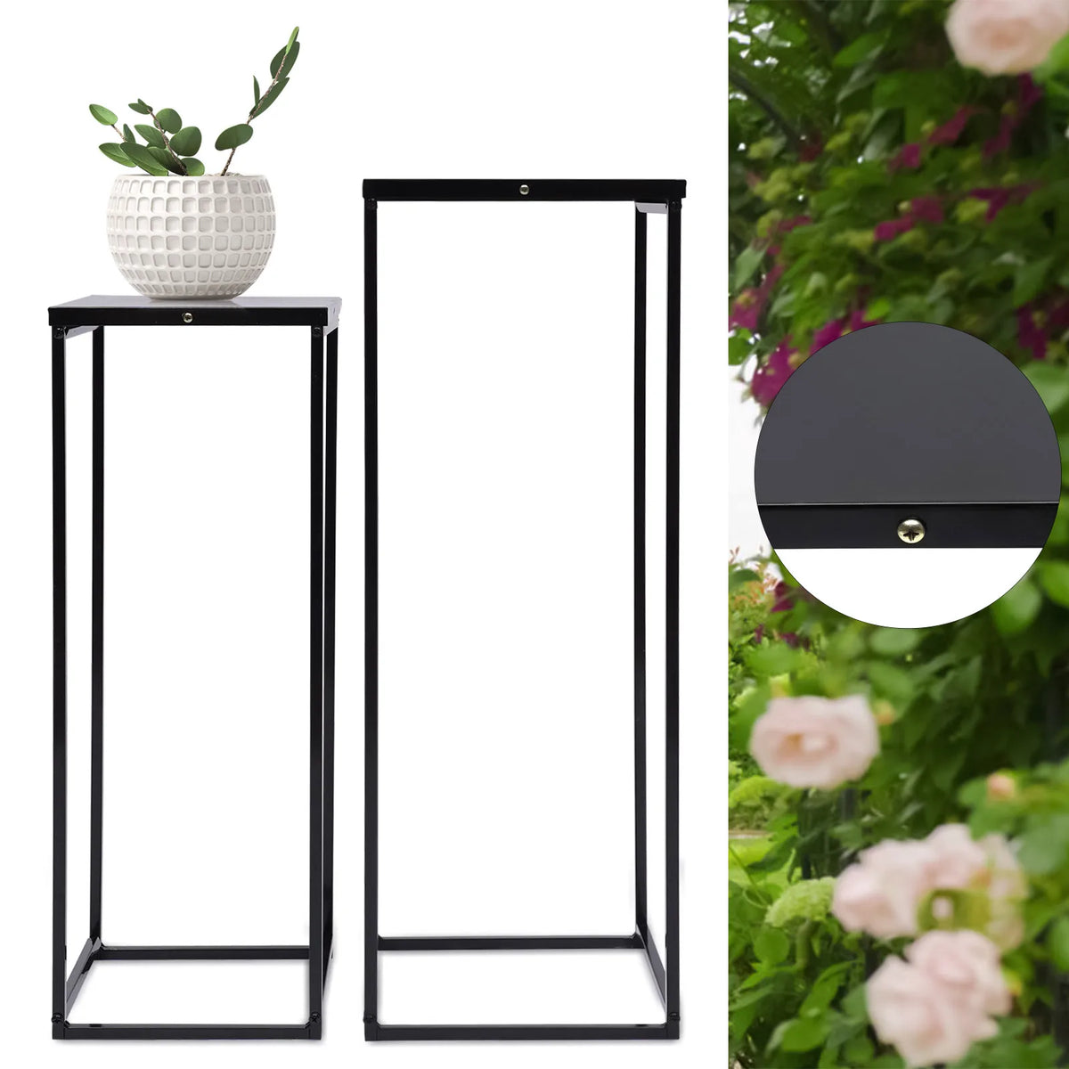supports plantes noirs modernes plateaux métalliques minimalistes assemblage intérieur extérieur jardins patios salons