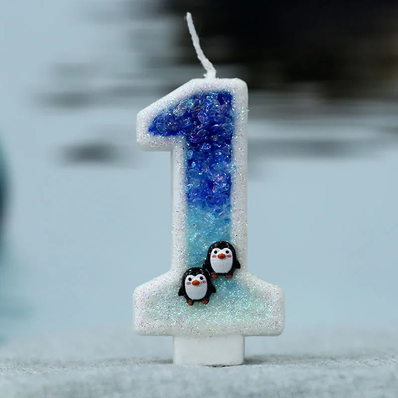 bougies chiffre glitter penguins blanc bleu noir décoratives animaux adhésives relief thèmes