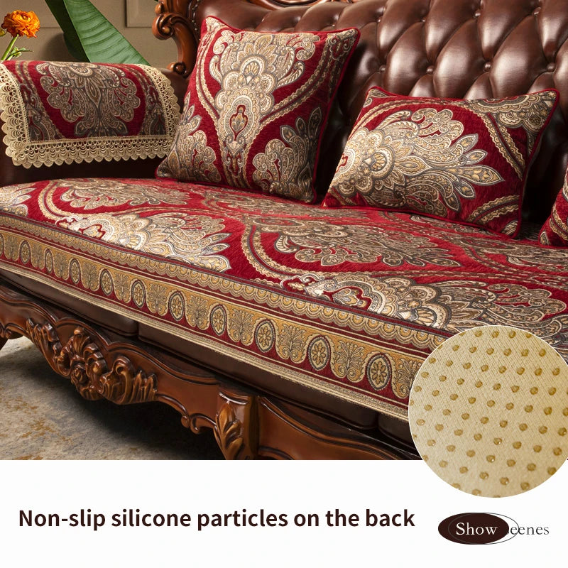 Motifs floraux luxuriants et riches couleurs rouges ornent ce somptueux canapé capitonné, complété par des particules de silicone antidérapantes sur le dossier pour un confort optimal.