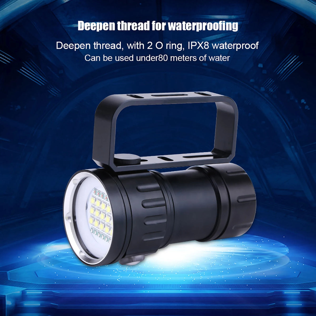 lampe torche sous marine noire texturée rainures moderne robuste poignée intégrée six anneaux six