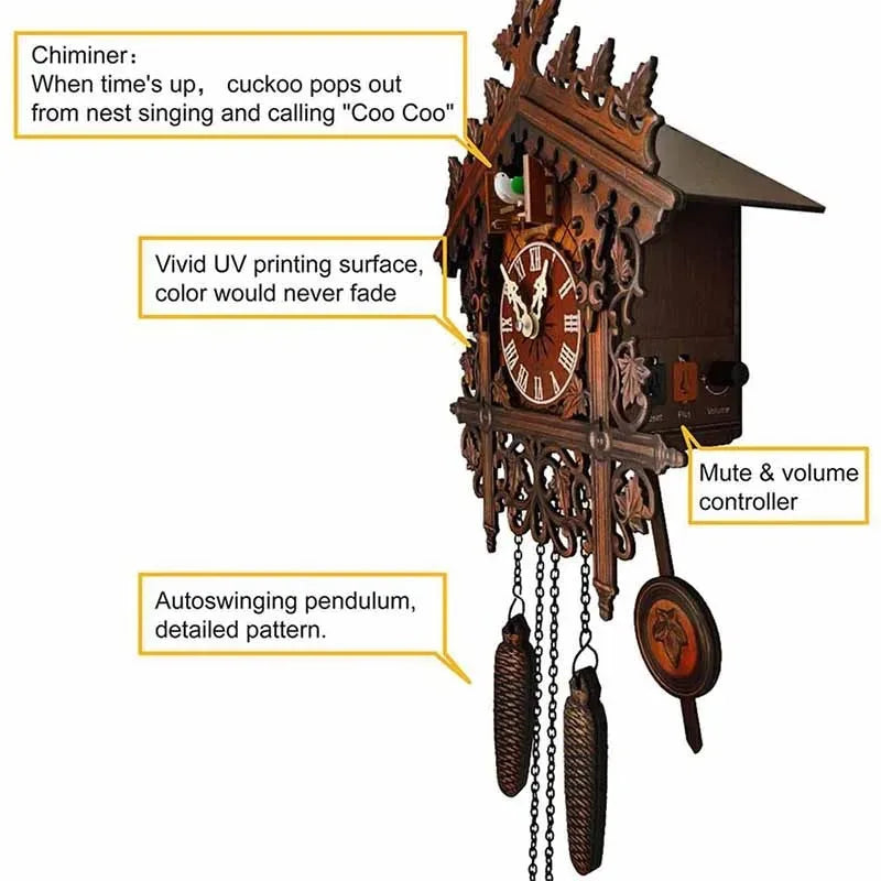 horloge murale coucou marron clair motifs sculptés chiffres romains ancien rustique pendule oiseau