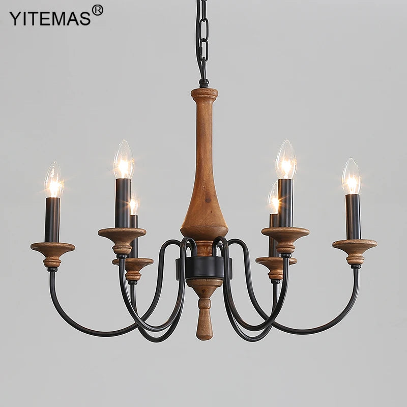 lustre bois vintage noir ampoules e14 cinq bras salon chambre coucher rustique