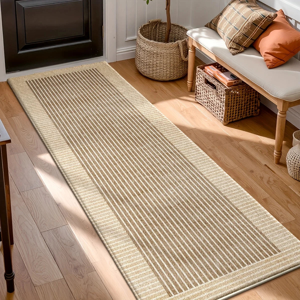 tapis moderne polyester rayures beige salon chambre extérieur salle bain lavage main machine