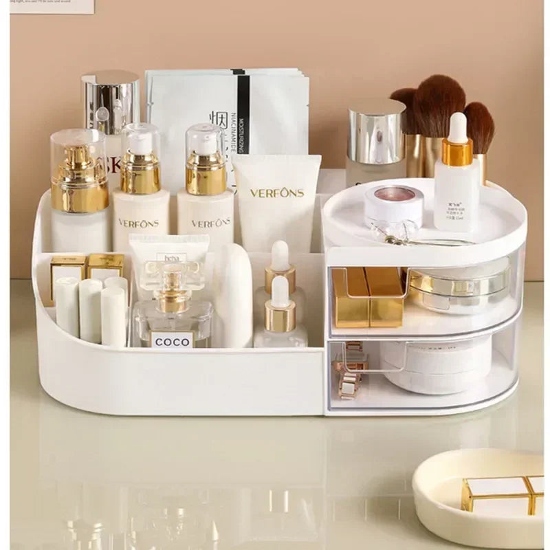 organisateur maquillage blanc moderne compartiments rangement cosmétiques bouteilles parfum stylos calculatrice