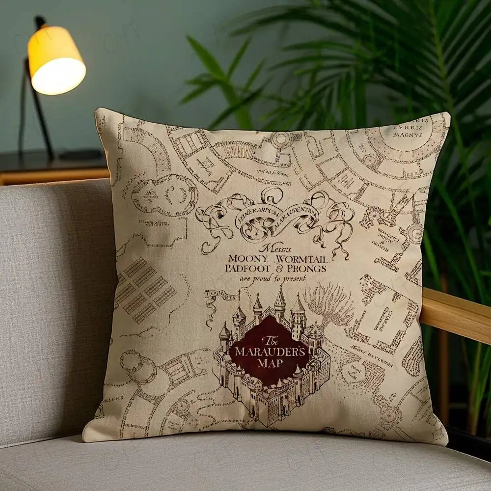 coussin beige carte poudlard harry potter vintage décoration chambre lit maison objet collection