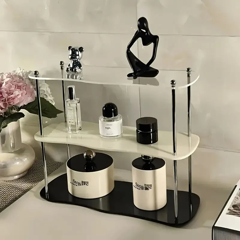 étagère deux niveaux transparente moderne pieds métalliques rangement parfum vaisselle décoratives multifonctionnelle salon