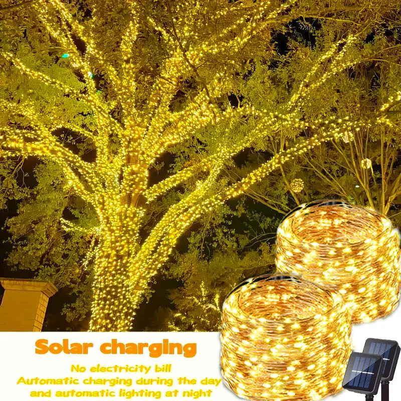 guirlande lumineuse solaire 12m 100led blanc chaud points lumineux uniformes moderne imperméable ip65 festiveextérieur