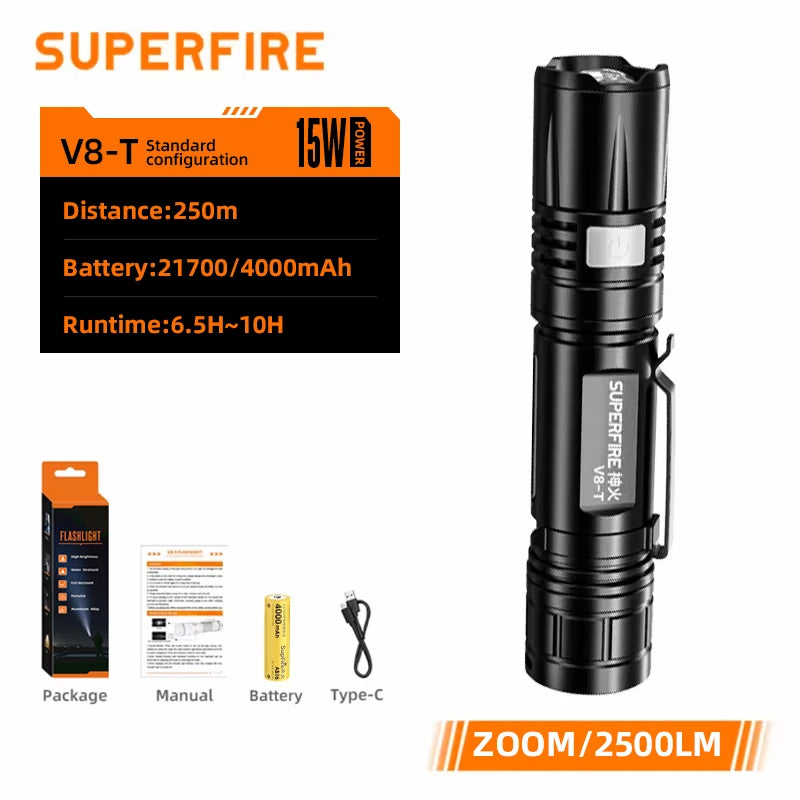 lampe torche led rechargeable 36w 5000lm noir robuste banque alimentation usb
