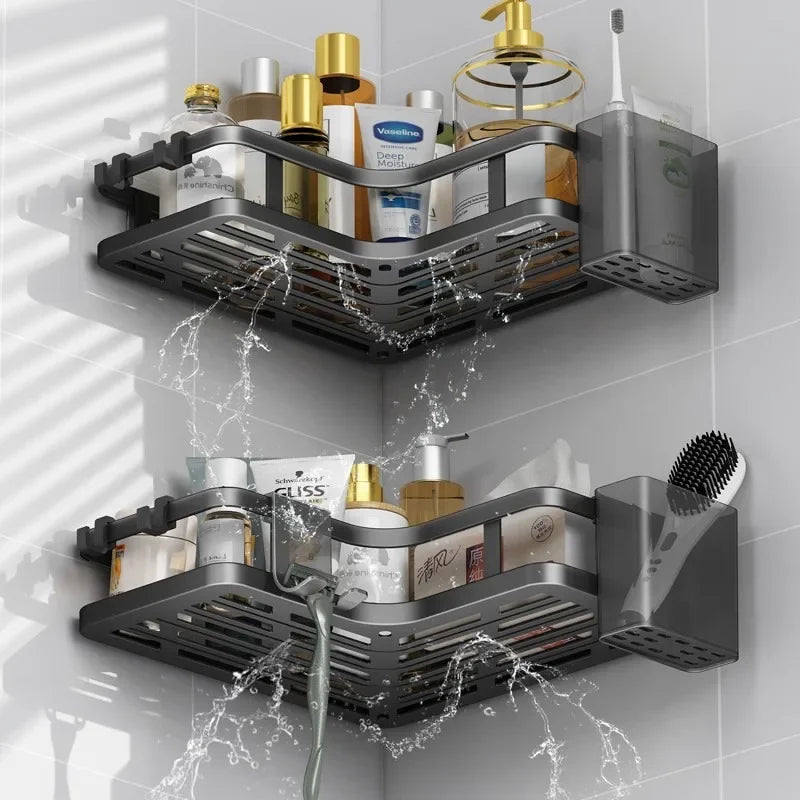 étagère salle bain angle double couche adhésive blanche noire moderne multifonctionnelle rangement muralement fixée