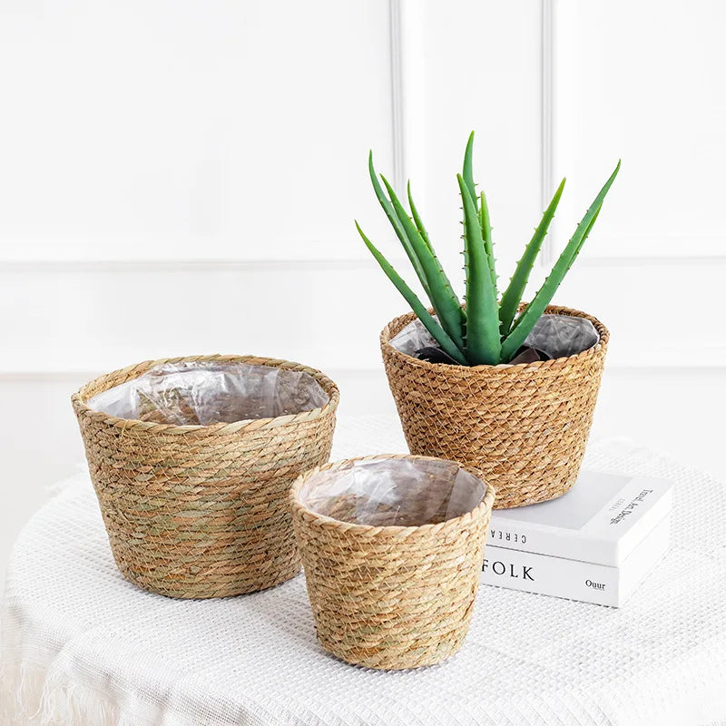 pot plante tressé fibre végétale naturelle rustique beige opacité moderneintérieur papier aluminium