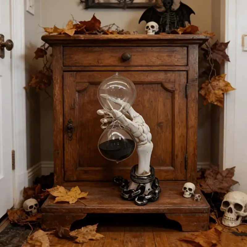 sablier mains squelettiques sable noir verre transparent gothique halloween décoration osseuse textures anciennes meubles