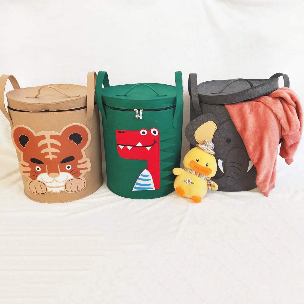 paniers rangement animaux tigre crocodile éléphant jouets gris vert beige couvercle poignées amovibles enfants