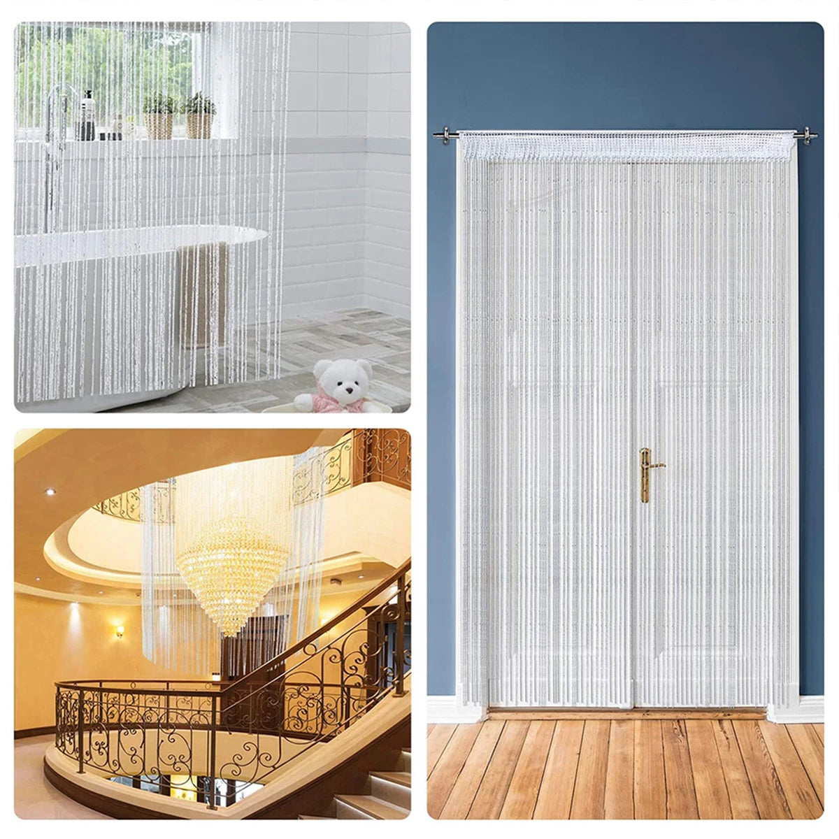 rideau franges polyester moderne translucide argenté blanc salon décoration intérieure