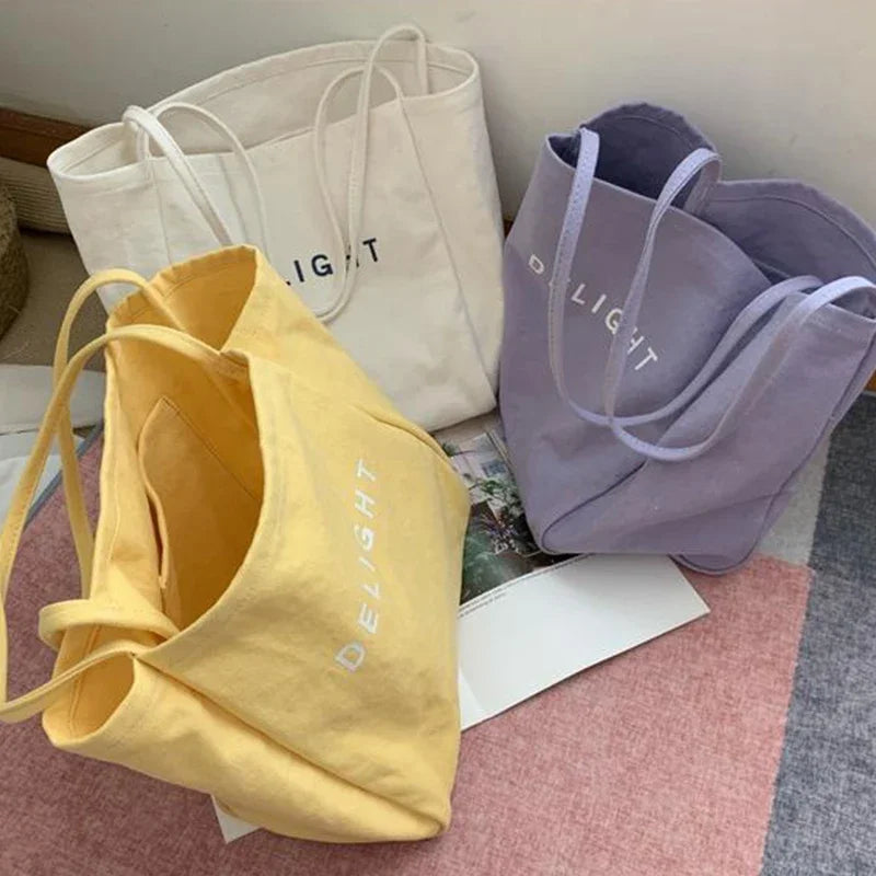 sac main toile réutilisable polyvalent lettre DELIGHT blanc jaune vert violet poche téléphone