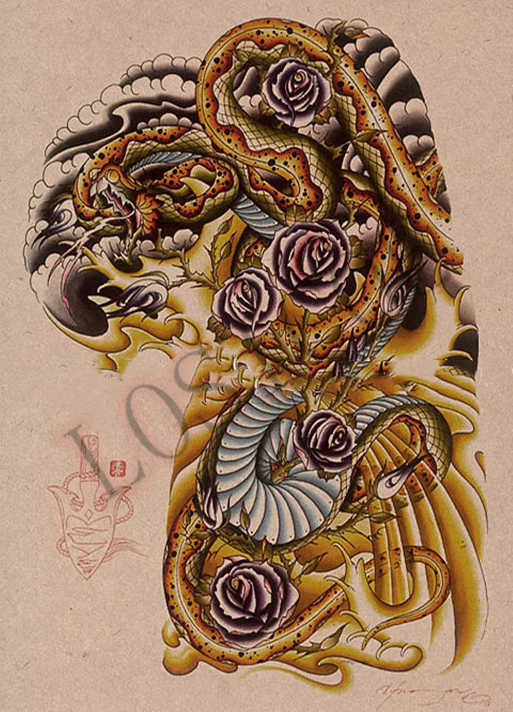 tattoo temporaire tatouage japonais dragon femme fleur noir blanc rouge vert bleu or