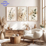 tableaux abstraits minimaliste fleurs séchées naturels beige gris vert cadres floraux decoration chambre triptyque