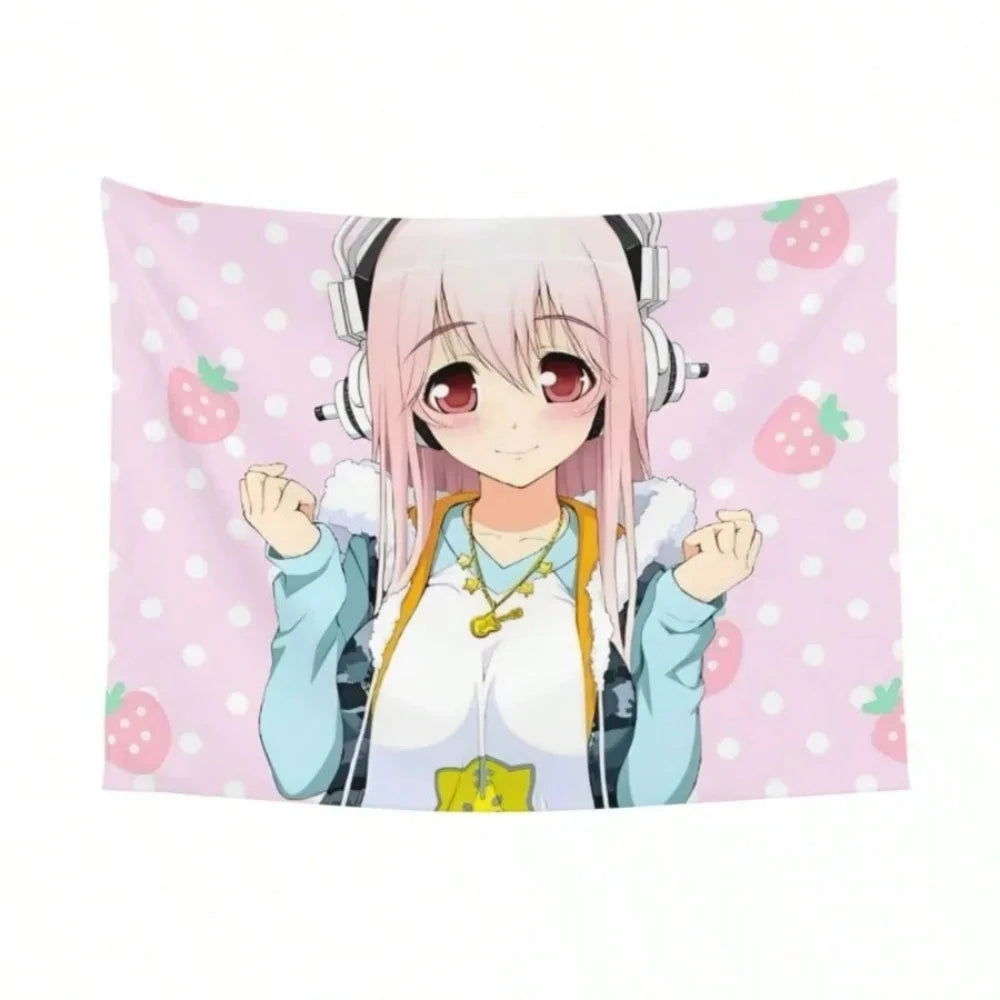 tapisserie murale anime kawaii fraises roses oreilles lapin guitare polyestère 150x200cm