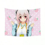 tapisserie murale anime kawaii fraises roses oreilles lapin guitare polyestère 150x200cm