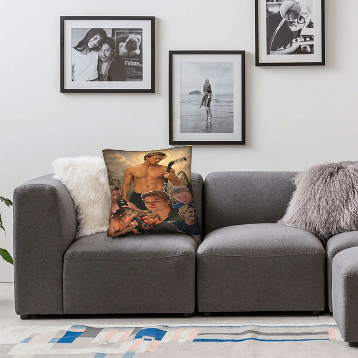 housse coussin imprimée portraits humour hockey montagnes noir chair decoration maison