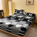 drap housse géométrique moderne noir blanc cœur patchwork polyester lit chambre