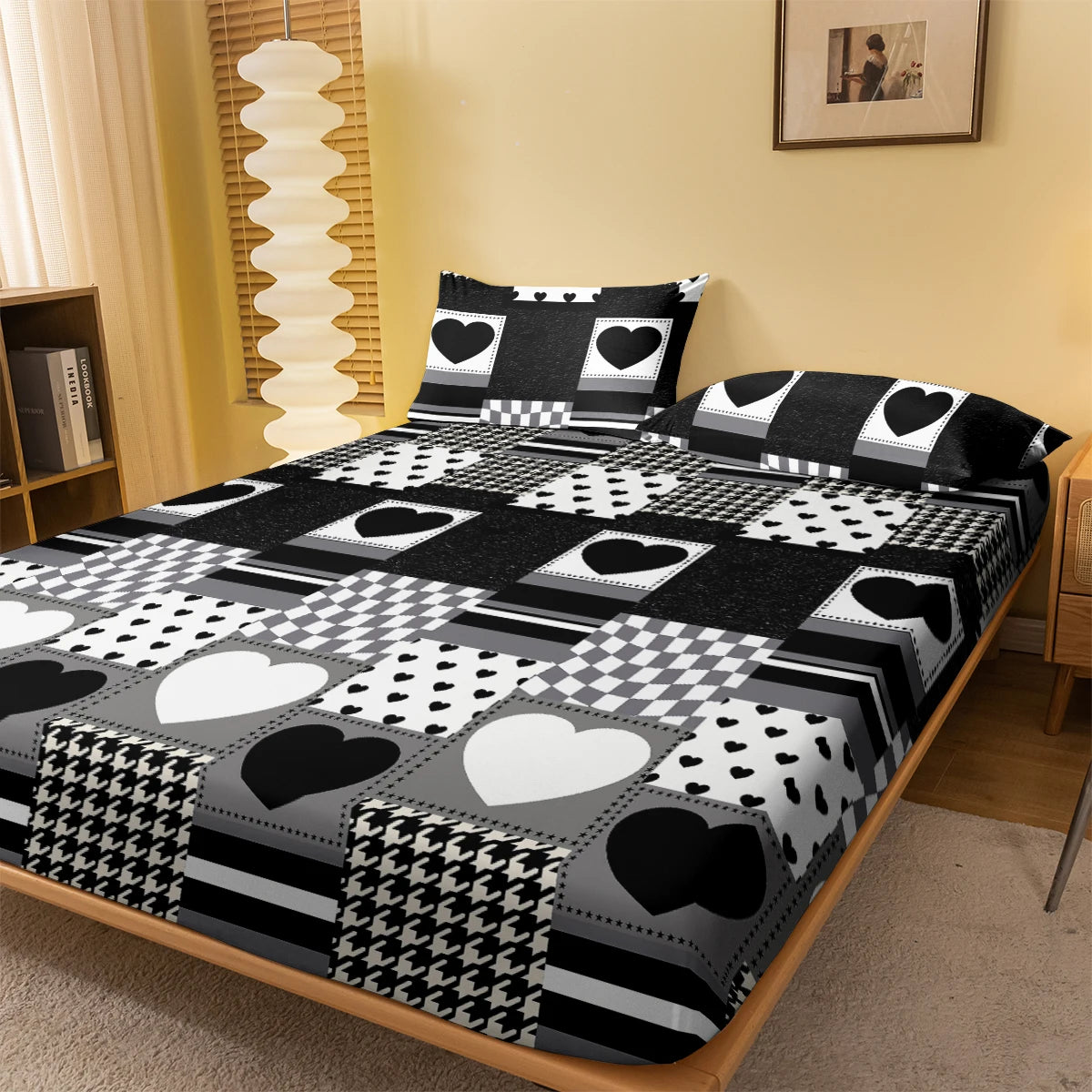 drap housse géométrique moderne noir blanc cœur patchwork polyester lit chambre