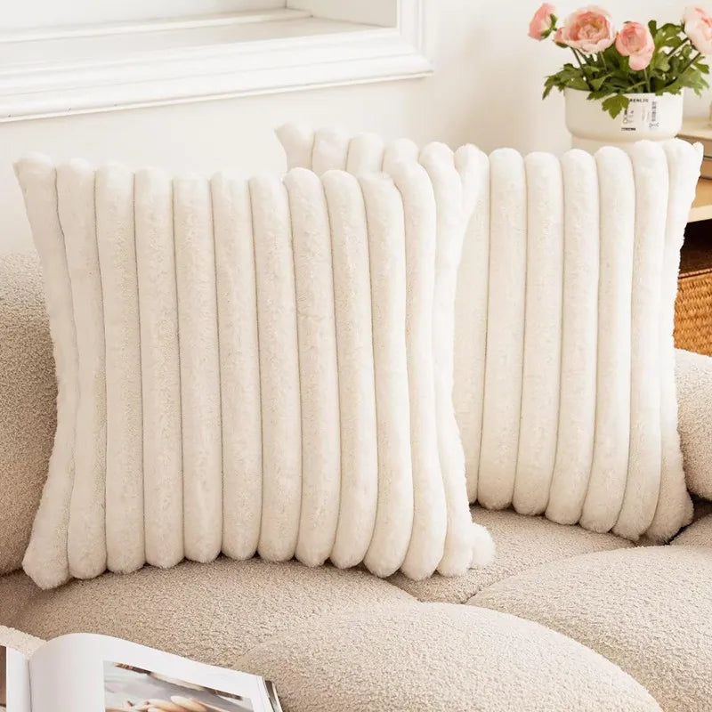 coussins décoratifs carrés rayés peluche douce moderne gris blanc cassé 45x45cm