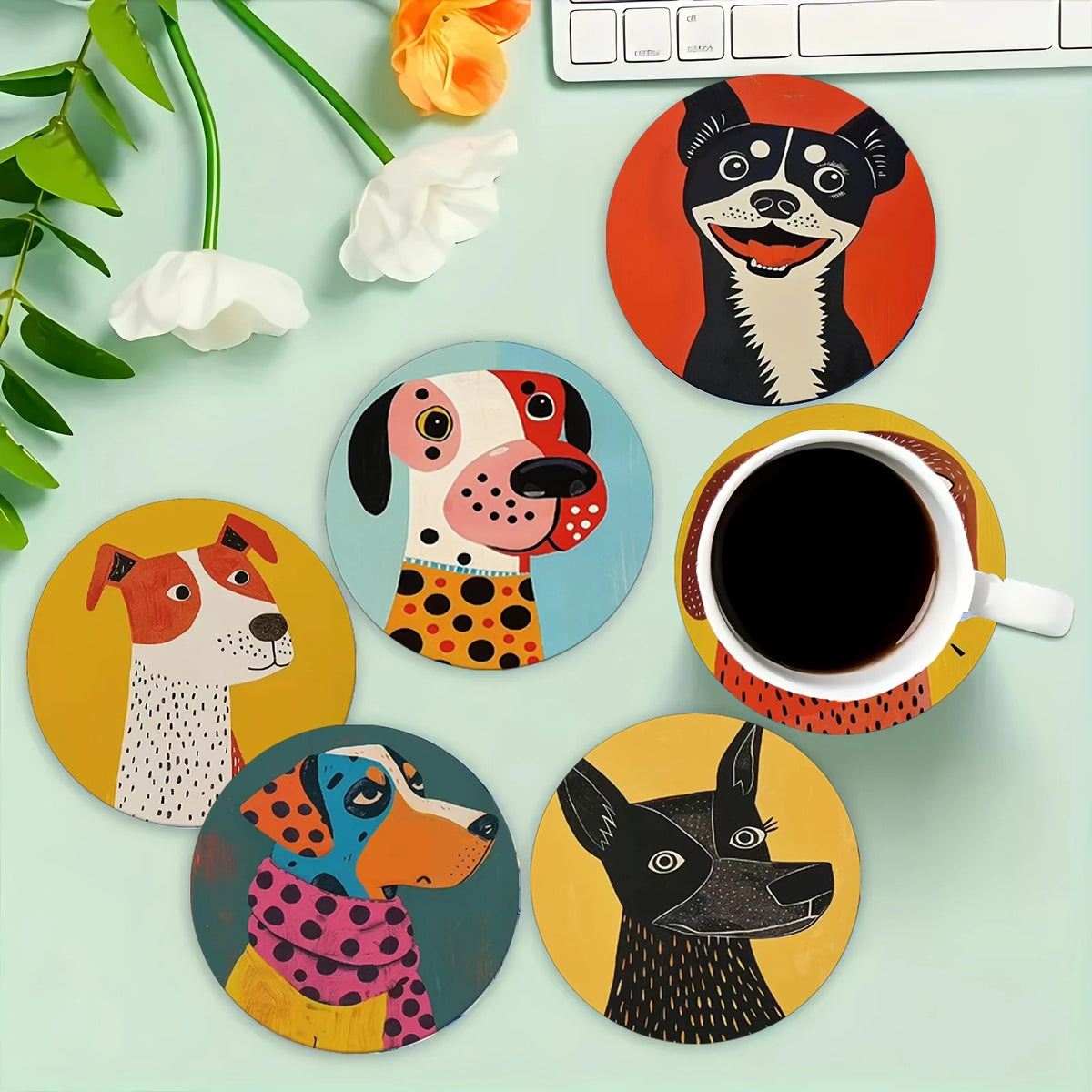 coasters bois orange noir blanc bleu rouges illustrations chiens géométriques 10cm