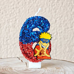 bougies décoratives anime personnages paillettes bleu rouge jaune blanc thème naruto shippuden anniversaire gâteau