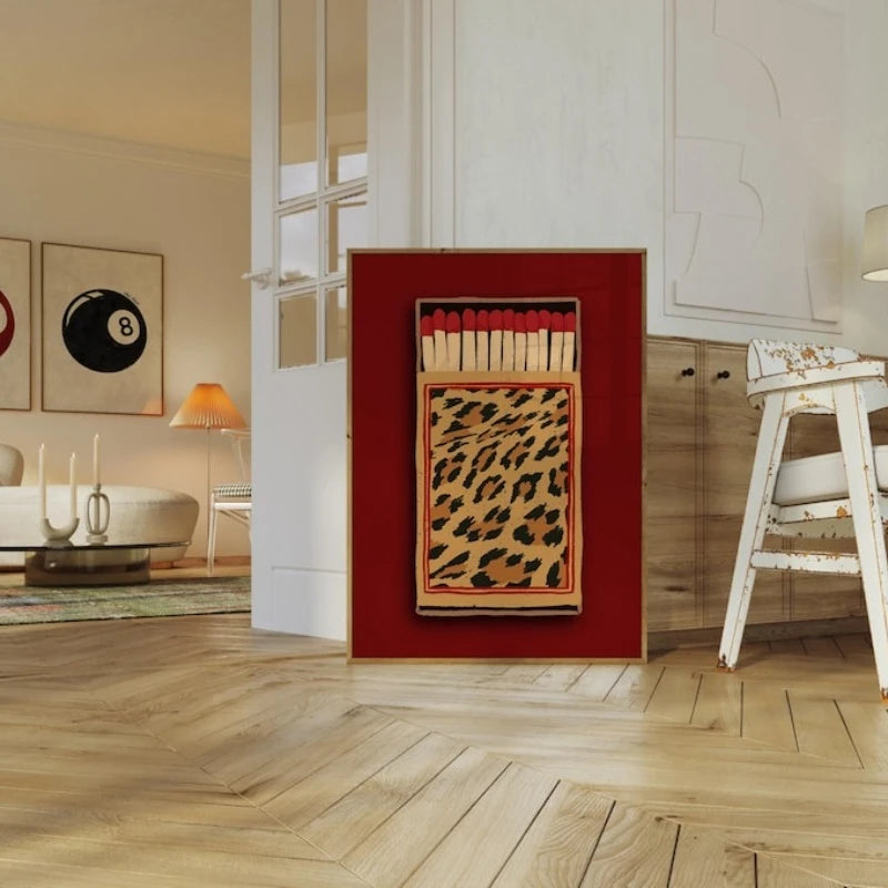 affiche décoration boîte allumettes rétro léopard moderne sans cadre rouge beige noir