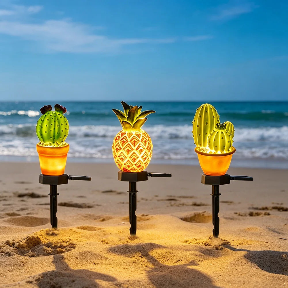 lampe solaire decorative forme cactus ananas exterieure led verte orangée festive