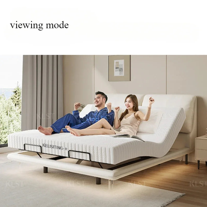 lit motorisé moderne blanc gris clair électrique réglable rayures horizontales oreillers coussin