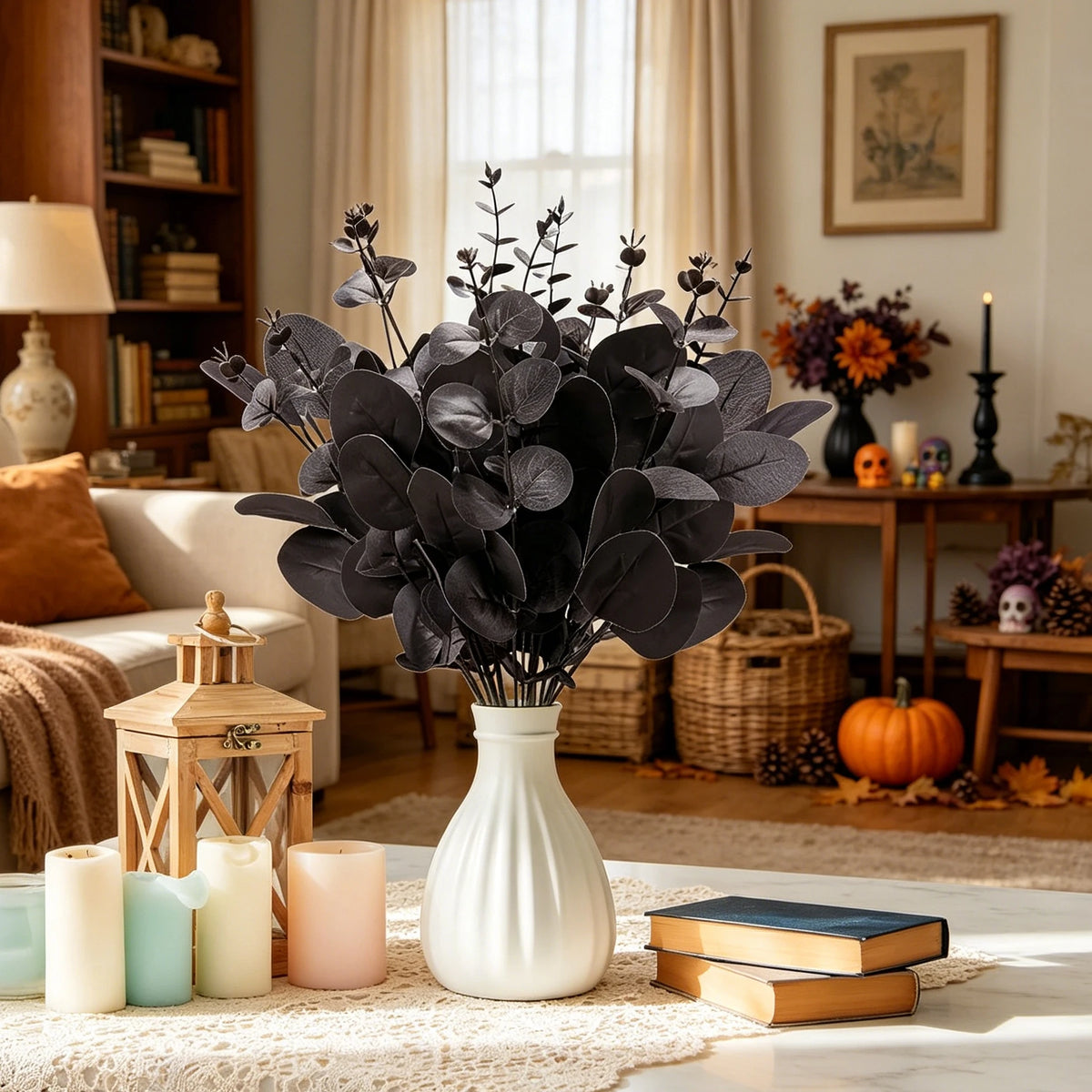bouquet artificiel feuilles eucalyptus petites fleurs blanches vert blanc naturel minimaliste extérieur mariage halloween