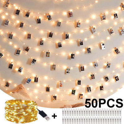 Guirlande lumineuse photo LED USB avec clips sur un mur