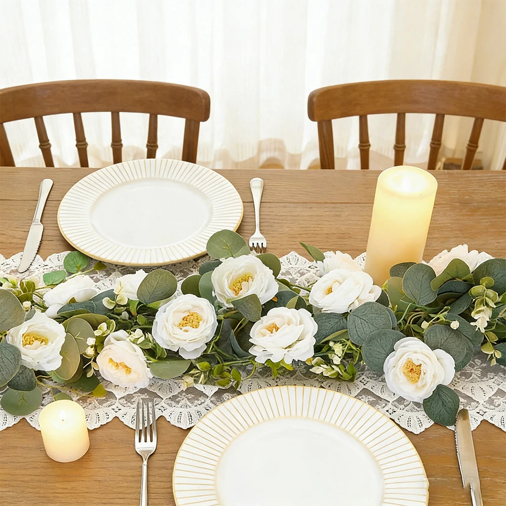 guirlande eucalyptus roses blanches fleurs decoration table mariage anniversaire exterieur vert blanc