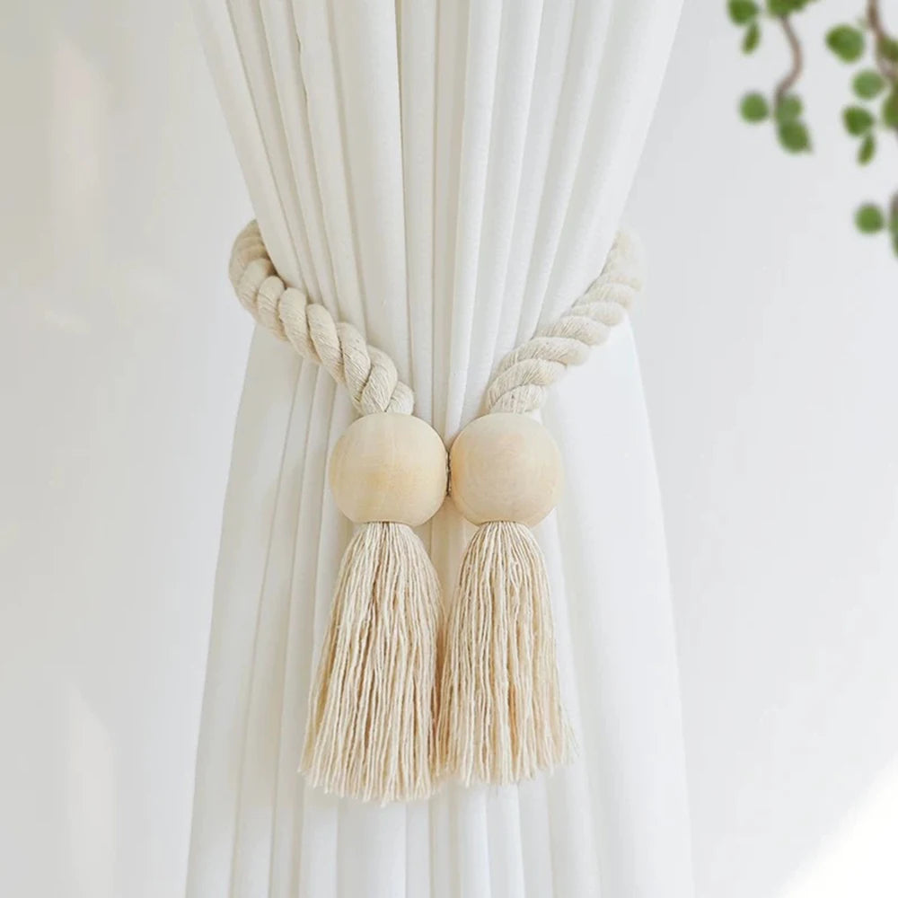 boucle rideau boho bois franges simples coton beige blanc moderne maison
