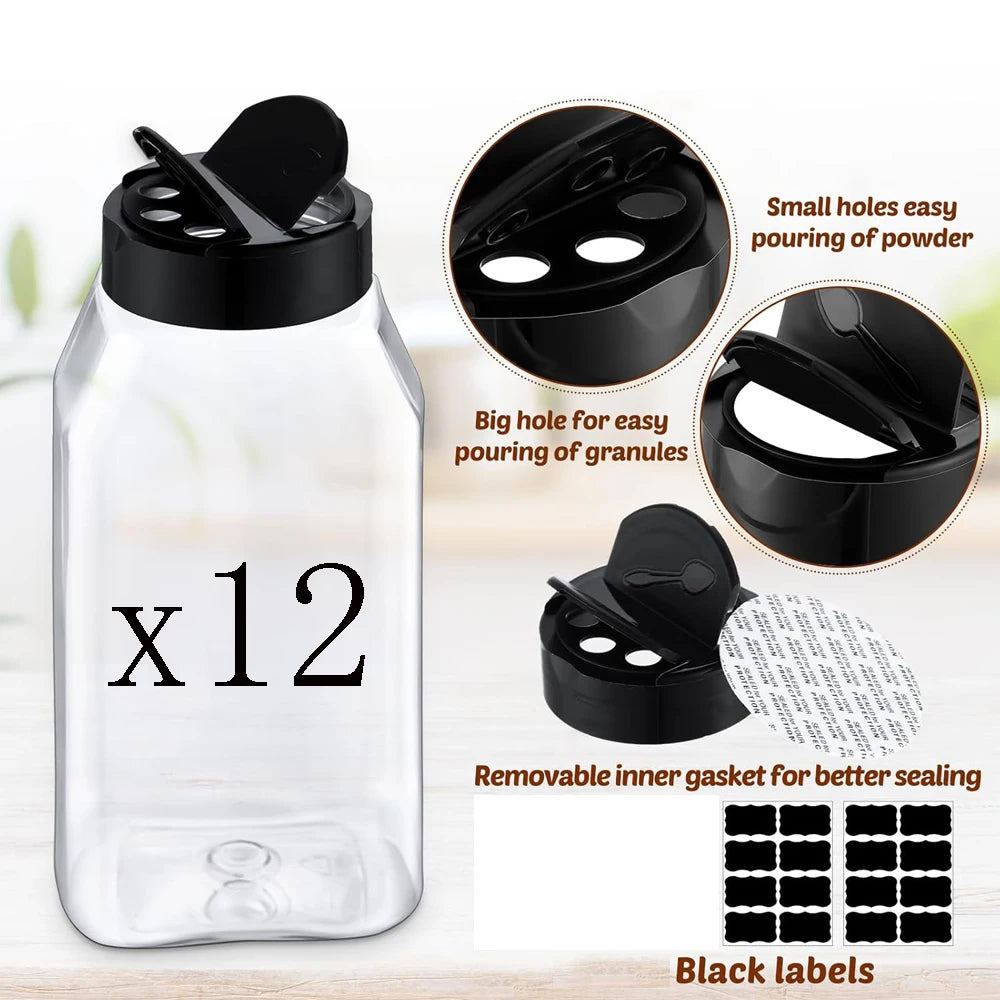 bocaux plastique transparents couvercle noir shaker assaisonnement herbes épices stockage moderne minimaliste