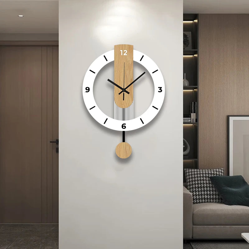 horloge murale moderne aiguilles noires cadre blanc bois clair décoration intérieure fixations transparente
