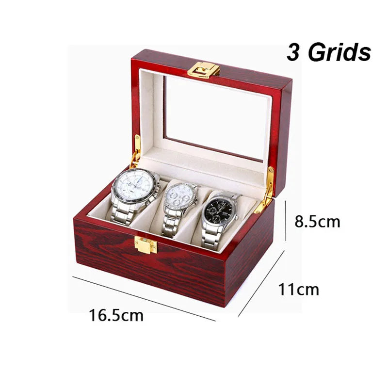 boîtes montres bois rouge foncé noir élégantes velours beige verre transparent cadenas dorés 10