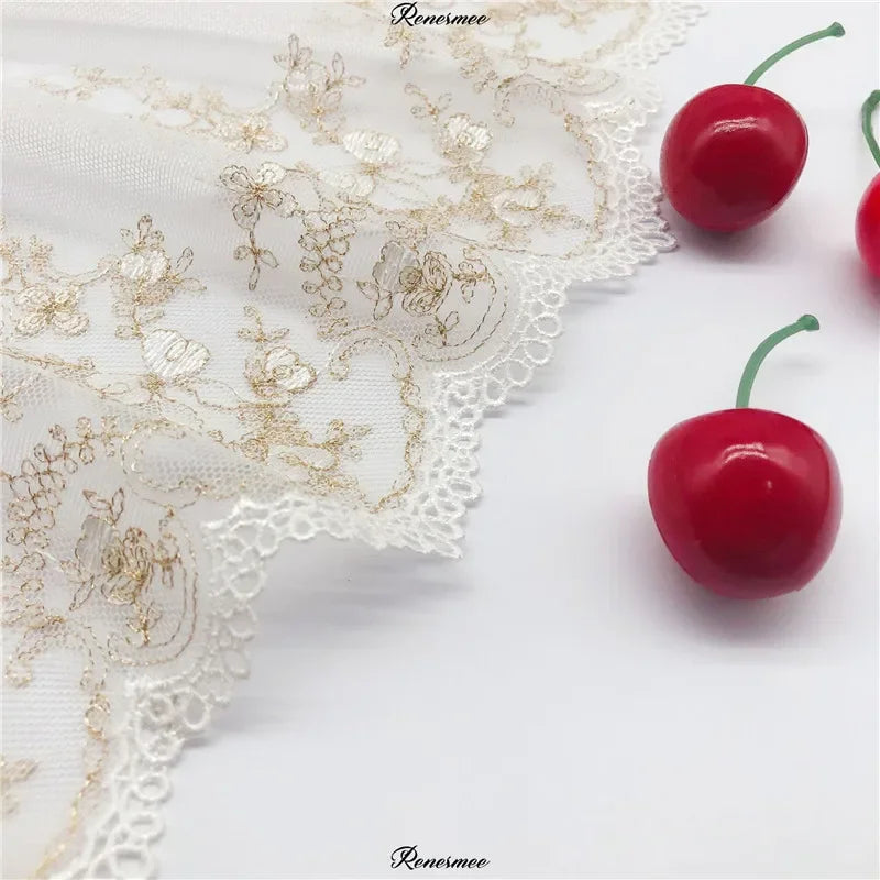 tissu dentelle fleurs feuilles blanc doré élégant classique polyester translucide haut qualité
