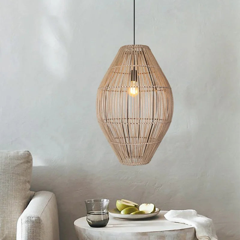 Suspension rattan tressée moderne naturelle salon chambre lumière chaîne métallique
