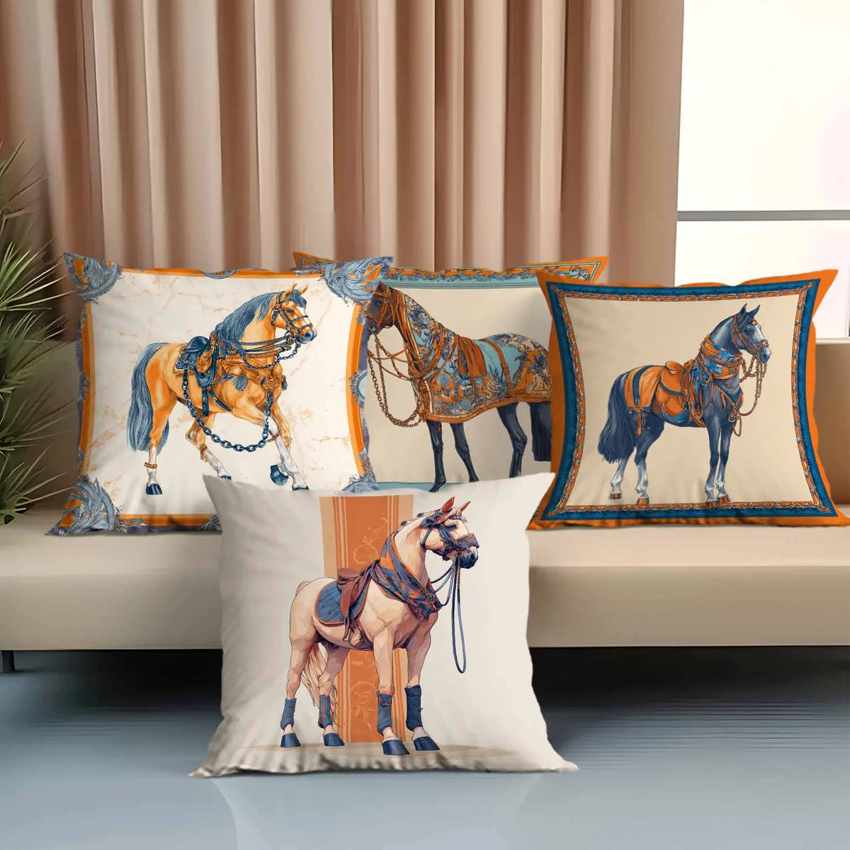 housse coussin imprimée chevaux beige bleu orange vintage canapé lit 100% polyester respectueux environnement