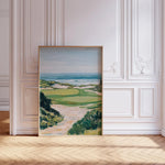 tableau paysage marin dunes vagues plante verte bleu beige blanc peinture huile cadre bois