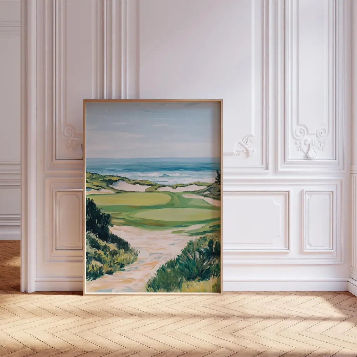 tableau paysage marin dunes vagues plante verte bleu beige blanc peinture huile cadre bois