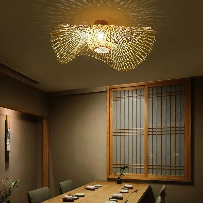 lampe suspendue bambou tressé moderne artisanale naturelle chaînes maisonDecoration lumière restaurant