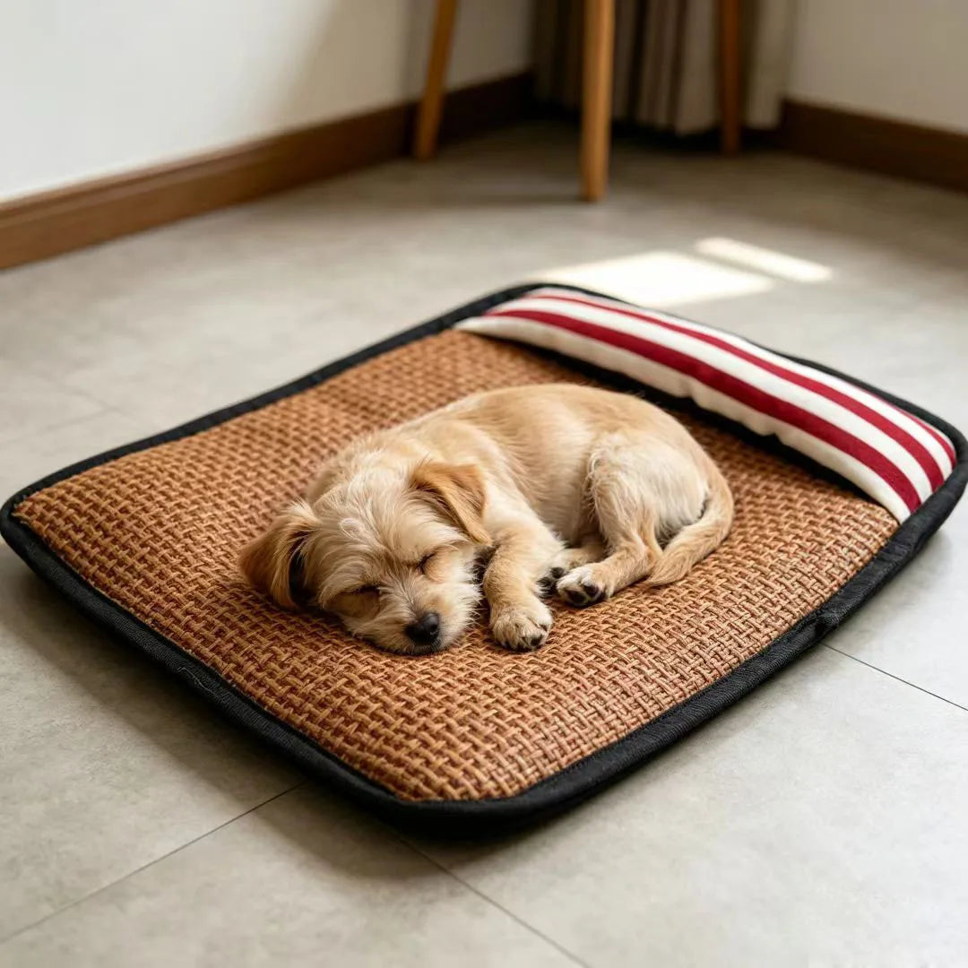 tapis rayé lin refroidissant chiens moderne confortable marron clair noir blanc rouge