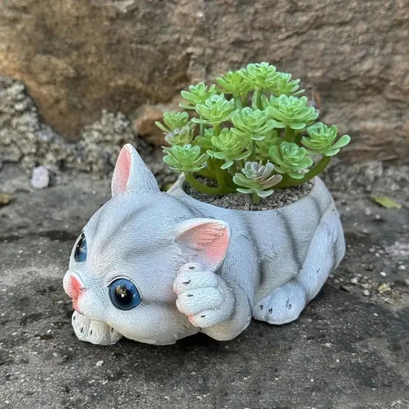 pots fleurs forme chat imitation pelage succulentes decoration gris rose bleu mignon animalier