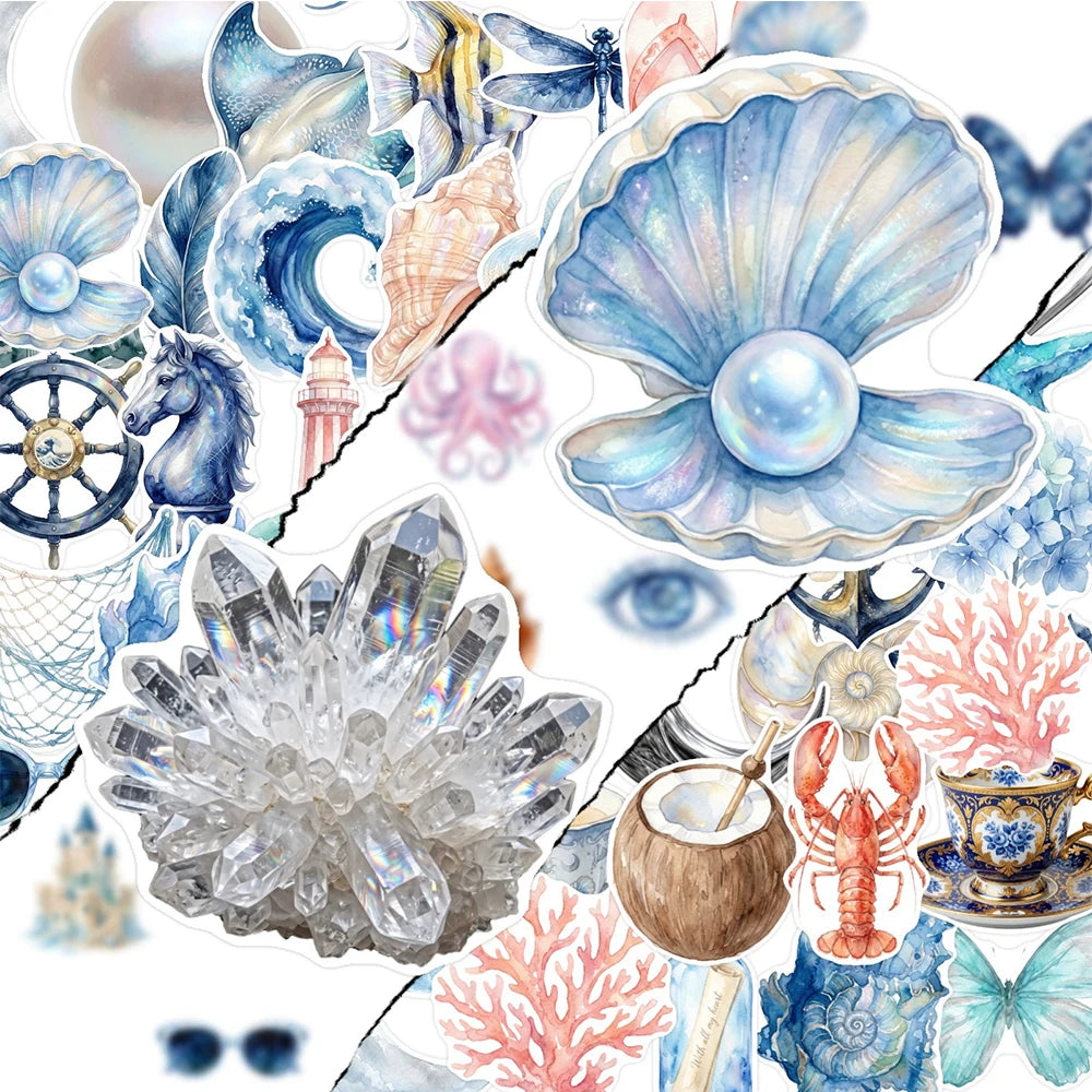 stickers marine coquillages poissons coraux bleu blanc rose illustration numérique adhésif portable téléphone papeterie