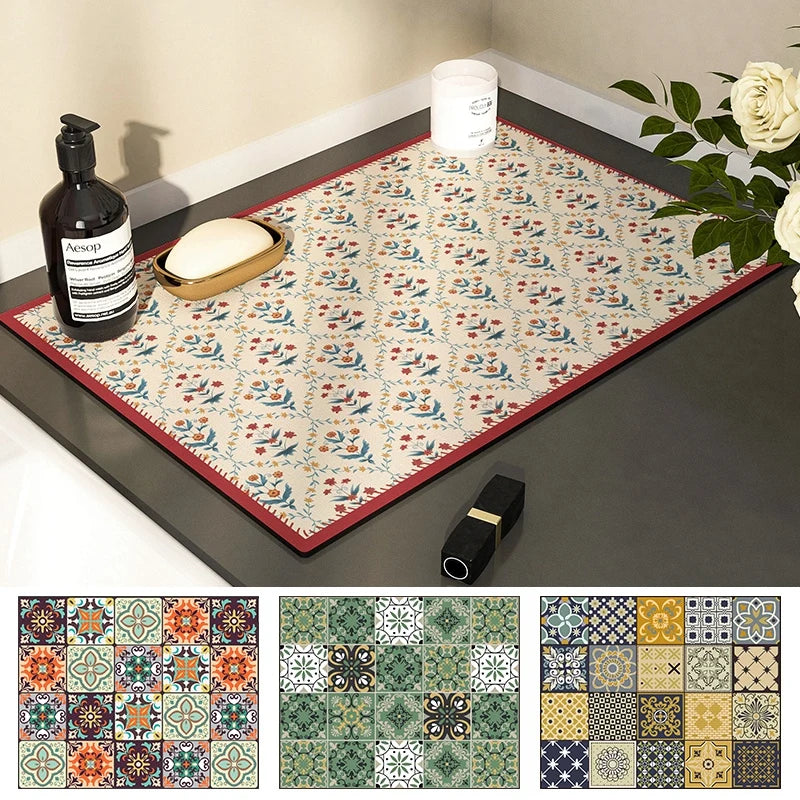 tapis cuisine absorbant polyestère motifs floraux géométriques classique vintage adhésif vert beige bleu rouge